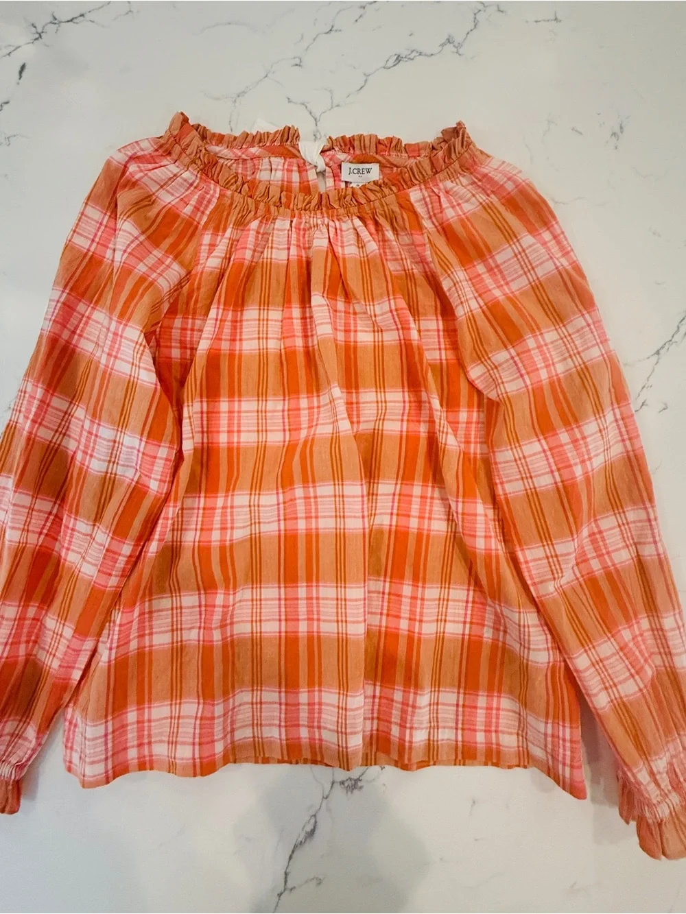 J. Crew Orange and White Plaid Blouse with ribbon tie-back size S